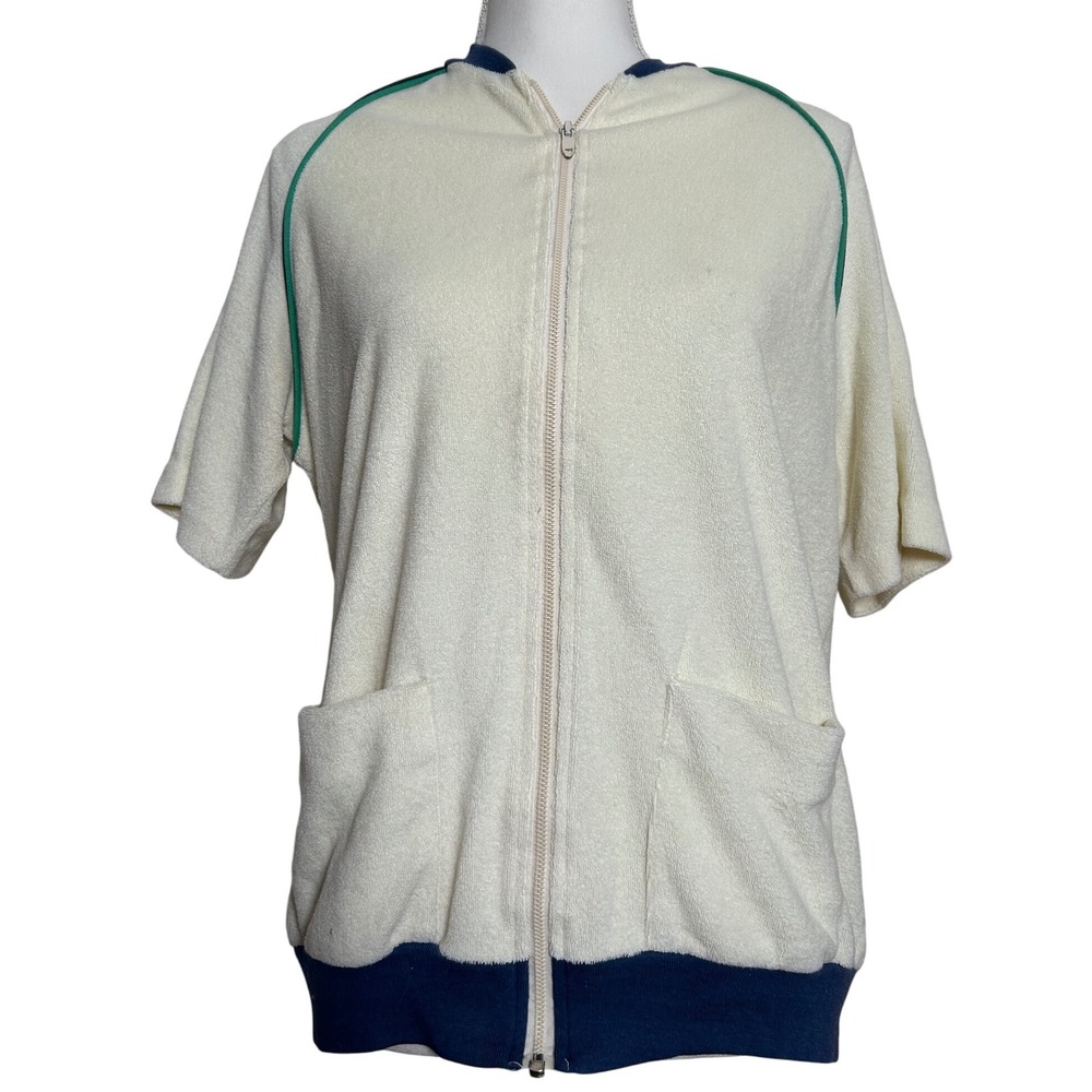 Vintage Jantzen Mens Terry Cloth Short‎ Sleeve Zip Up Hoodie Retro Cream Green M
